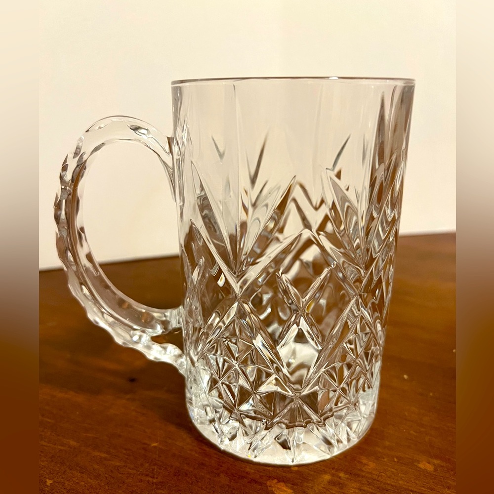 Handcrafted Scalloped Handle Heavy Cut Lead Crystal Beer Mug.  2 Available